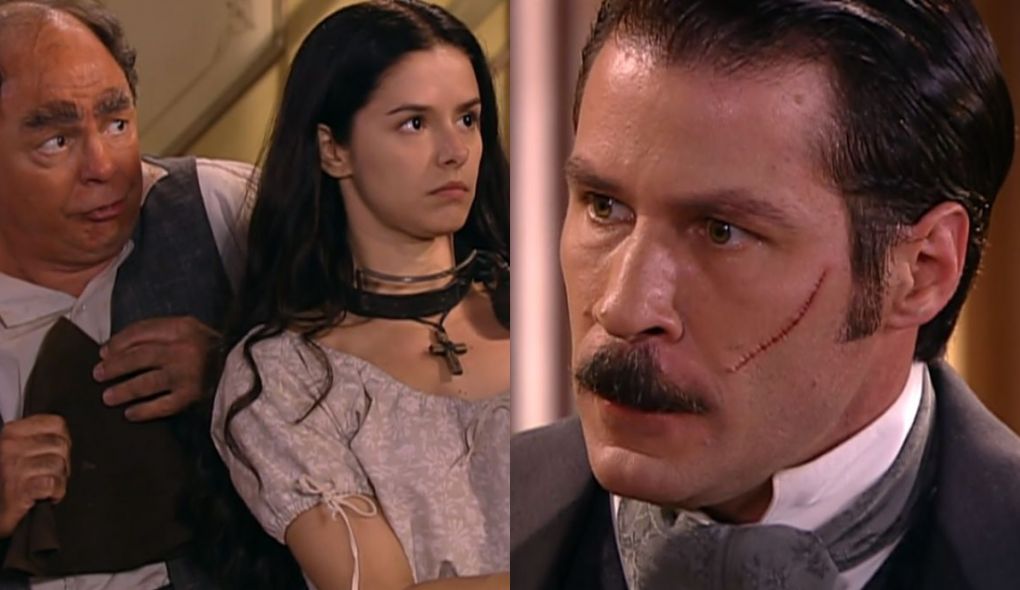 Belchior (Ewerton de Castro), Isaura (Bianca Rinaldi) e Leôncio (Leopoldo Pacheco) de A Escrava Isaura