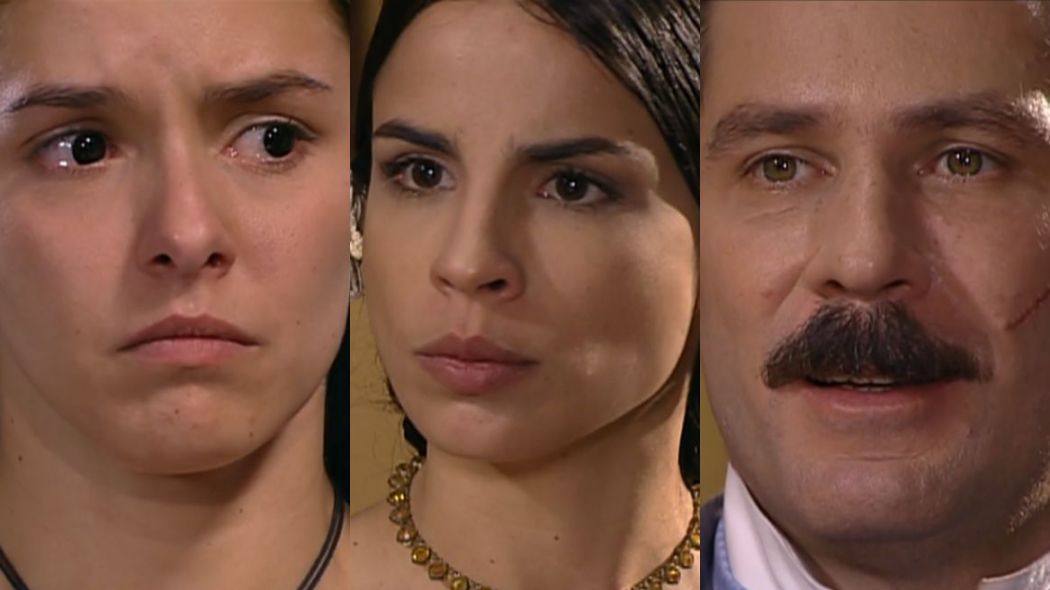 Isaura (Bianca Rinaldi), Malvina (Maria Ribeiro) e Leôncio (Leopoldo Pacheco) de A Escrava Isaura
