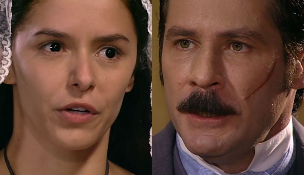 Isaura (Bianca Rinaldi) e Leôncio (Leopoldo Pacheco) de A Escrava Isaura