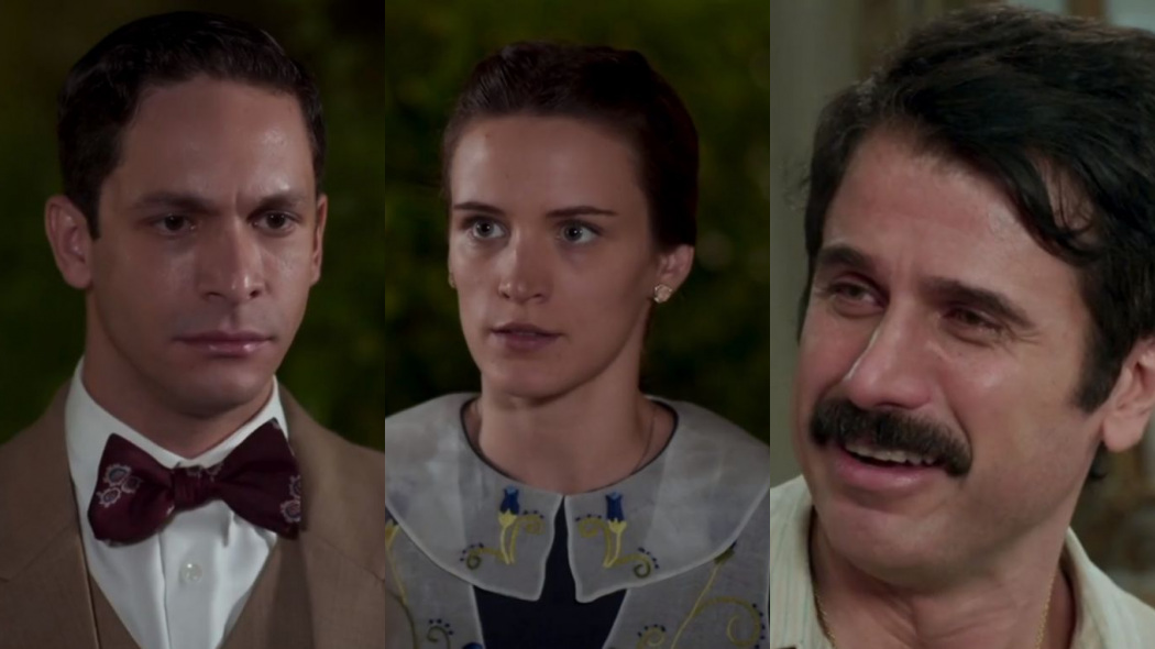 Celso (Rainer Cadete), Maria (Bianca Bin) e Ernesto (Eriberto Leão) de Êta Mundo Bom!