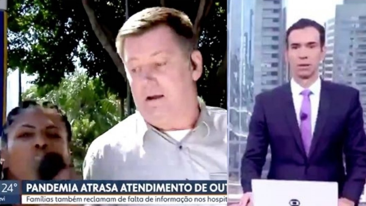 Mulher invade link da Globo ao vivo e xinga a emissora durante o SPTV (Reprodução: Globo)