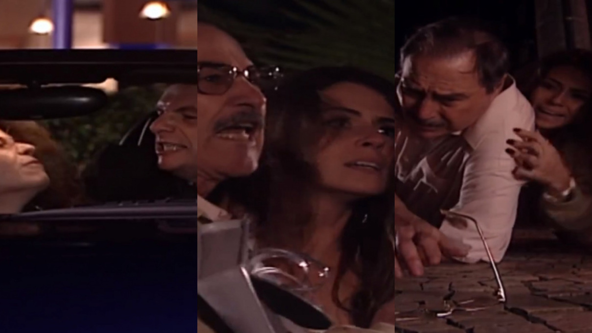 Capitu (Giovanna Antonelli), Orlando (Henri Pagnoncelli) e Pascoal (Leonardo Villar) de Laços de Família