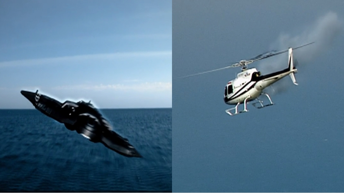 Reptilianos atacam helicóptero com Marcelo, Beto, Antônio e Hiromi (Reprodução: Record TV)