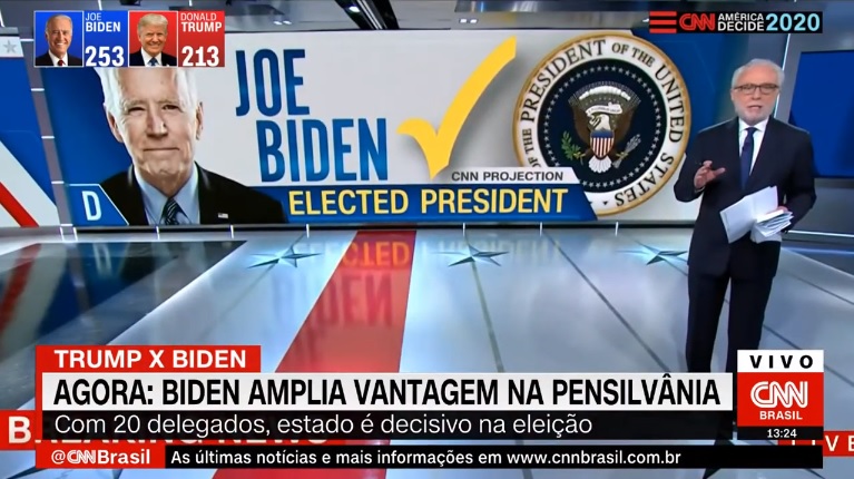 CNN americana dá a notícia da vitória de Biden em simulcast com CNN Brasil