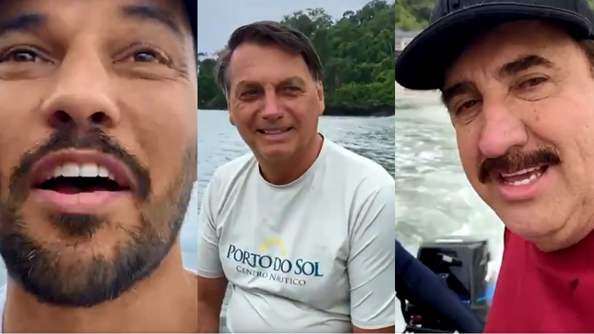 Ministro das Comunicações Fábio Faria, o presidente Jair Bolsonra e o apresentador Ratinho vão à pesca em Santa Catarina (Reprodução: Twitter)
