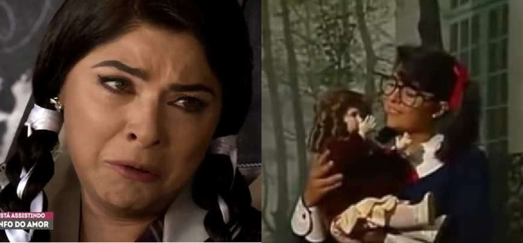 Victoria Ruffo 'jovenzinha' em Triunfo do Amor (à esquerda) e infantilizada na abertura de Pobre Niña Rica (Reprodução / SBT / YouTube)