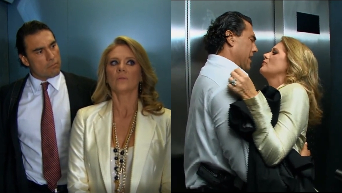 Vitória e José Ângelo ficam presos no elevador e rola um clima (Reprodução: Televisa S.A.)
