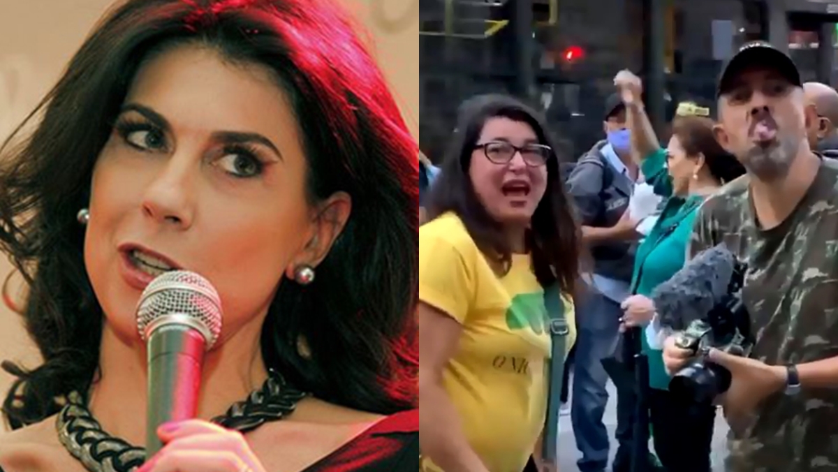 Ângela Dip é vaiada por bolsonarista em manifesto na Avenida Paulista (Reprodução: Instagram/Montagem Observatório da TV)