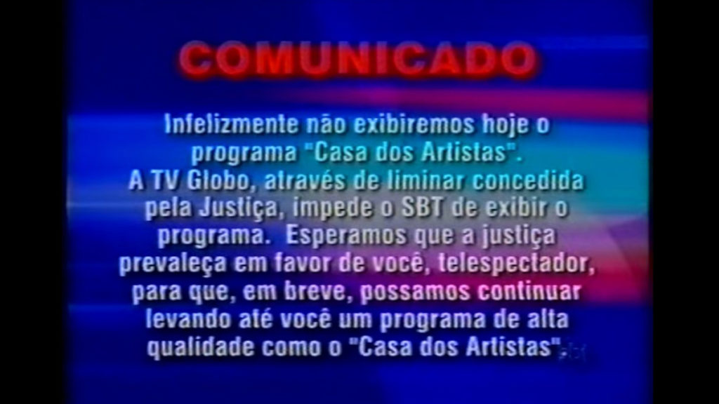 Comunicado do SBT sobre a Casa dos Artistas, em 2001