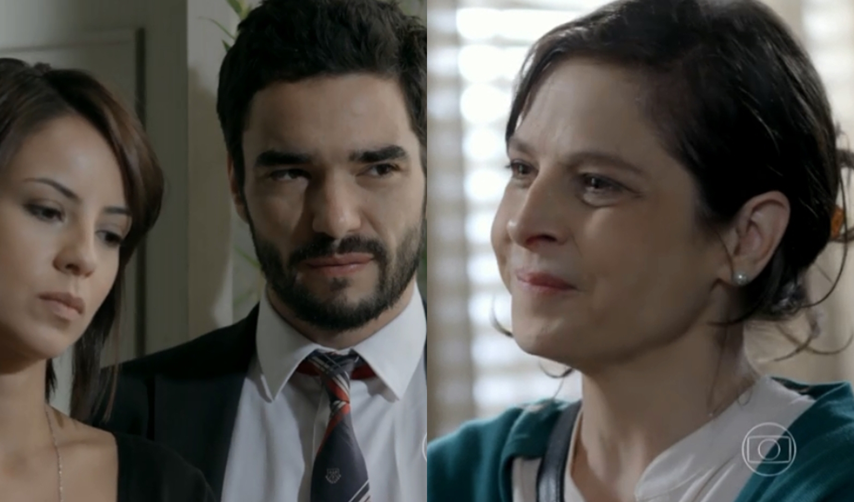 Andrea Horta (Maria Clara), Zé Pedro (Caio Blat) e Cora (Drica Moraes) em cena de Império (Reprodução: Globo)