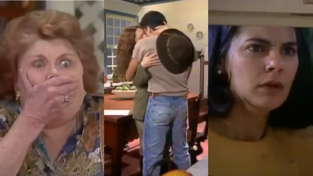 Maroca e Maria flagram Andrezza e Tonho se beijando na cozinha (Reprodução: Globo)