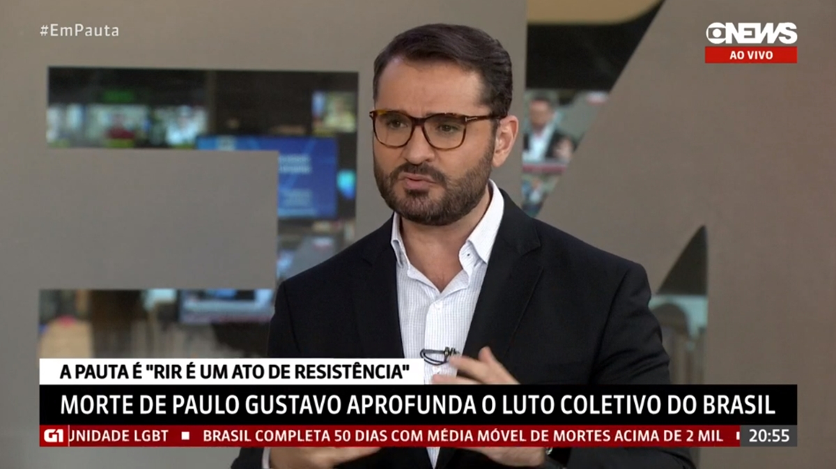 Marcelo Cosme faz relato emocionante sobre identificação com Paulo Gustavo, morto nesta terça-feira (4) em decorrência de agravamento da Covid-19 (Reprodução: GloboNews)
