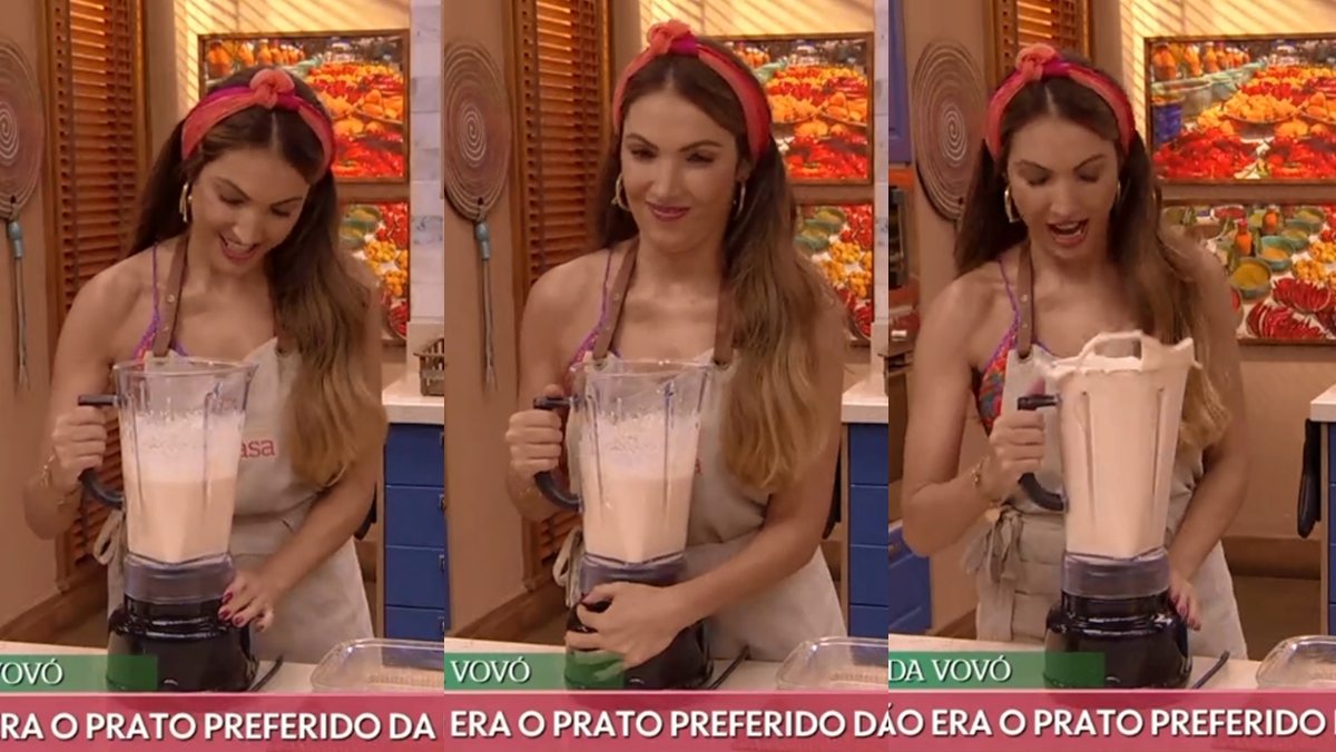 Patrícia Poeta faz sujeira na bancada da cozinha do É de Casa (Reprodução: Globo)