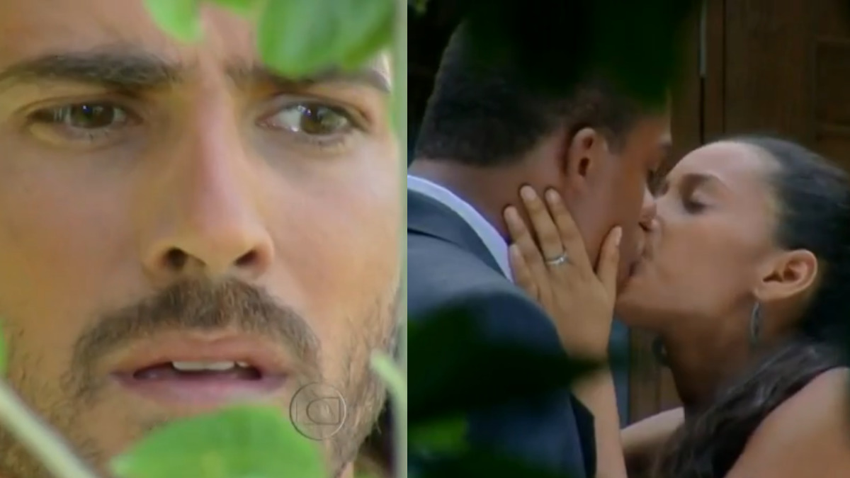 Paco (Reynaldo Gianecchini) se desespera ao ver Preta (Taís Araújo) com Felipe (Rocco Pitanga) em Da Cor do Pecado (Reprodução/Globo)