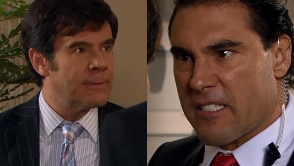 Guillermo Capetillo (Nelson) e Eduardo Yañez (Aguiar) em cena de Amores Verdadeiros (Reprodução: Televisa S.A.)