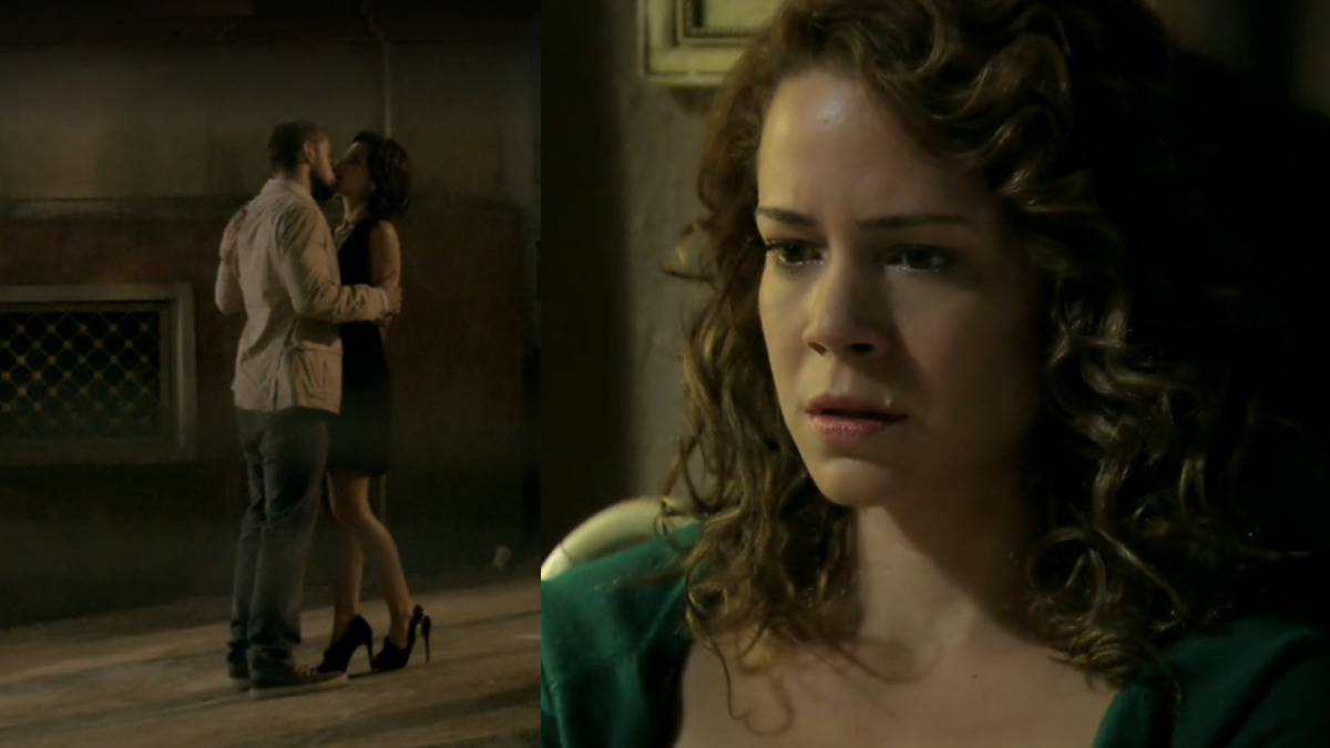 Cristina (Leandra Leal) vê Vicente (Rafael Cardoso) e Maria Clara (Andréia Horta) se beijando (Reprodução/Globo)