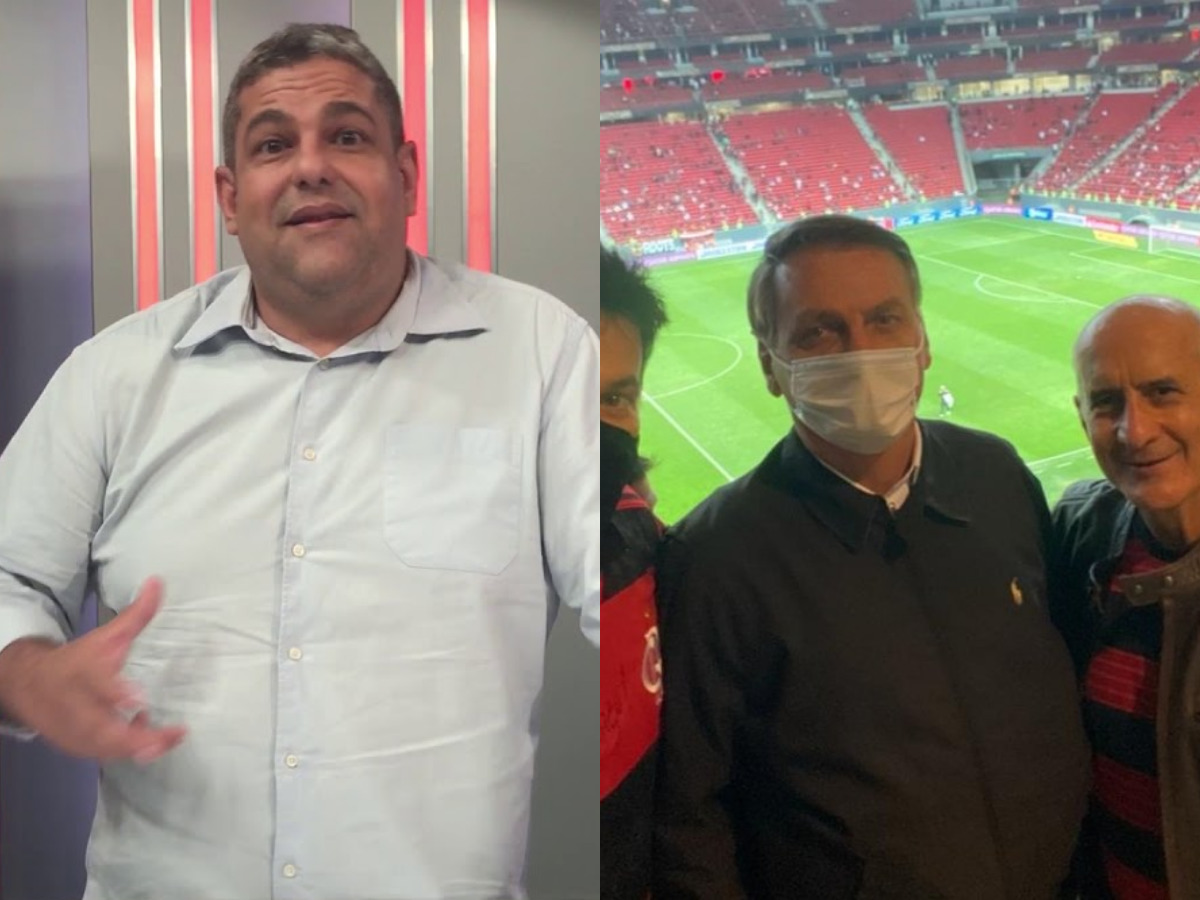 O narrador da Fox Sports, João Guilherme, e Jair Bolsonaro, ao lado, no estádio Mané Garrincha (Reprodução)