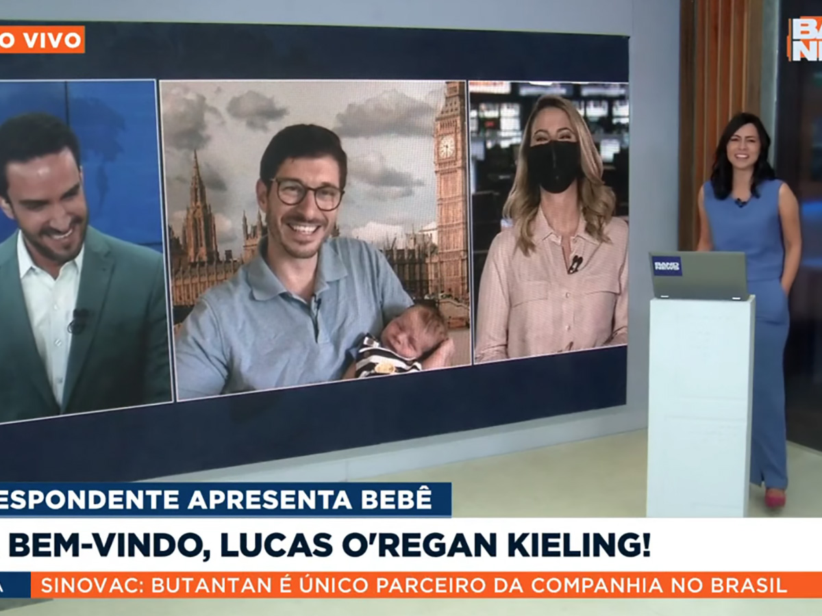 O repórter Felipe Kieling exibe pela primeira vez na TV o filho recém-nascido