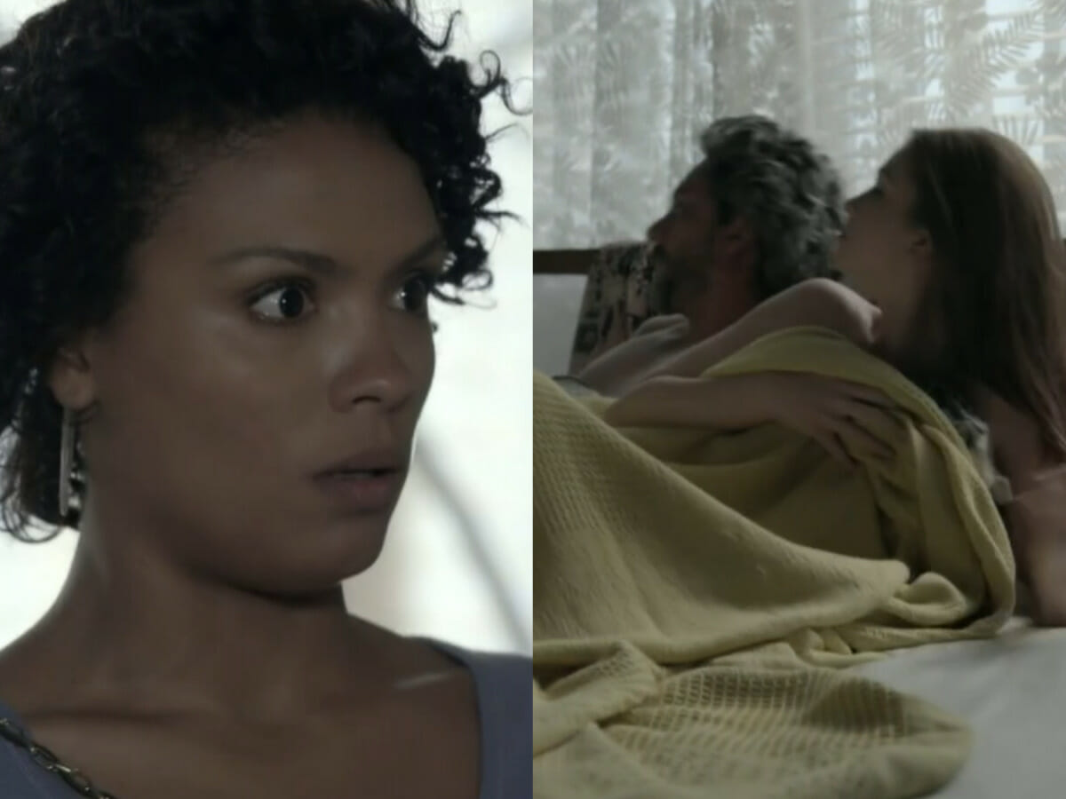 Kelly (Lidi Lisboa) quase vê José Alfredo (Alexandre Nero) na casa de Isis (Marina Ruy Barbosa) em Império (Reprodução/Globo)