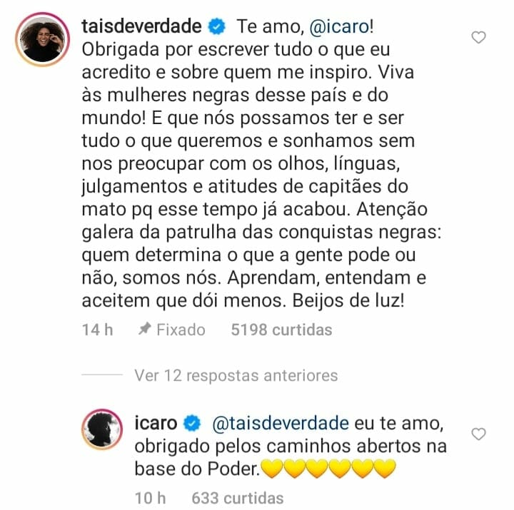 Taís Araújo se manifestou em postagem de Ícaro Silva sobre Aguinaldo Silva