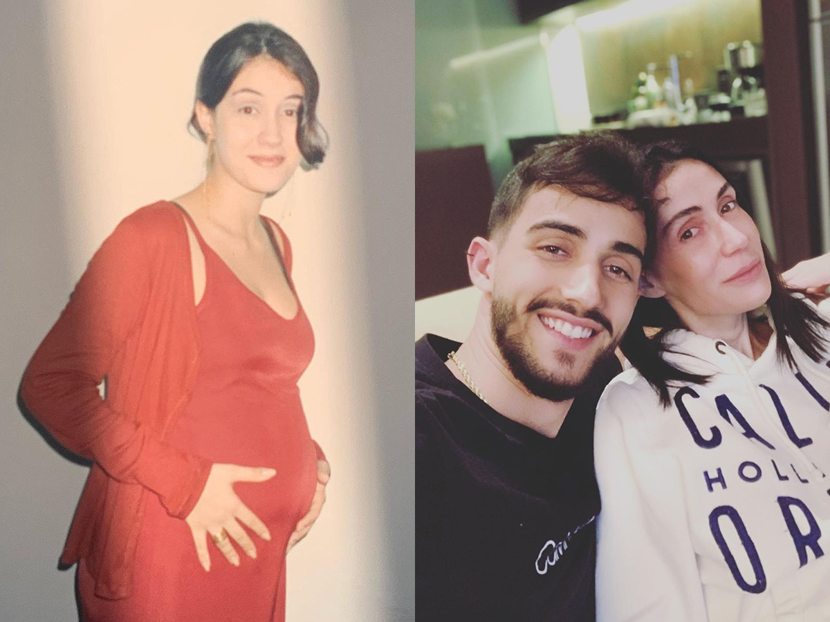 Michelle Barros grávida aos 18 anos; à direita, jornalista com o filho, Arthur, de 22 anos