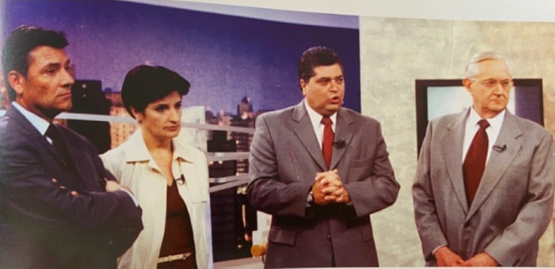 Rodolpho Gamberini, Mônica Waldvogel, Datena e Boris Casoy juntos no plantão da Record, no dia 11 de setembro (Arquivo Record)