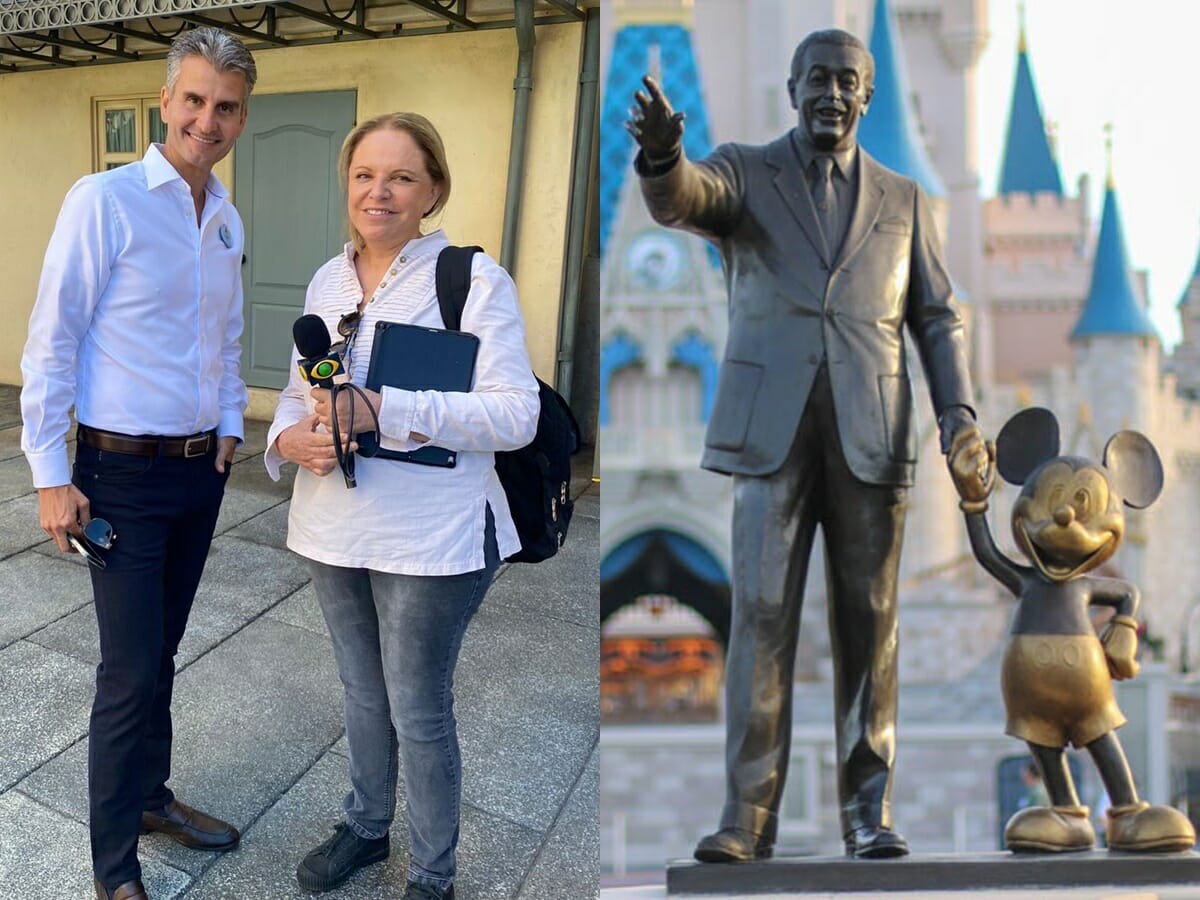 Correspondente da Band em Orlando, Eleonora Paschoal prepara reportagem sobre os 50 anos da Disney, ao lado dela está Joshua W D’Amaro, empresário americano, presidente da Disney Parks, Experiences and Products (Reprodução)