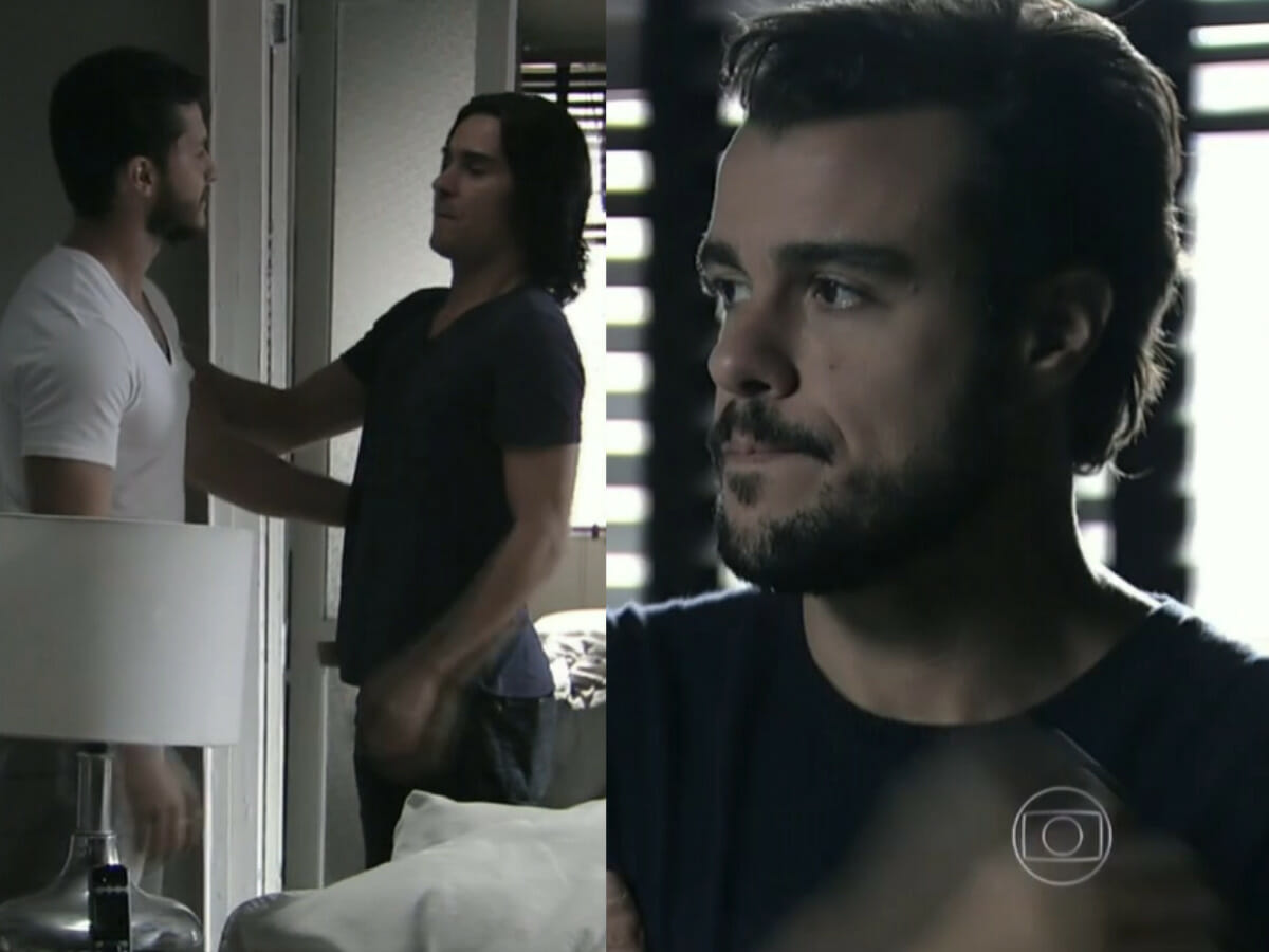 Enrico (Joaquim Lopes) observa Leonardo (Klebber Toledo) e Etevaldo (André Gonçalves) em Império (Reprodução/Globo)