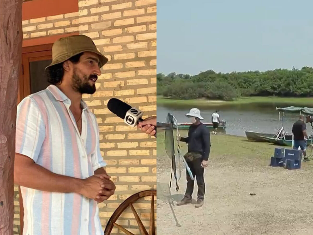 Renato Góes nos bastidores de Pantanal e, ao lado, paisagem de Aquidauana no MS (Divulgação Globo)