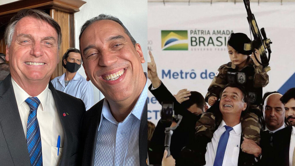 Jair Bolsonaro e Altair Moraes (à esquerda) e posando com uma criança armada