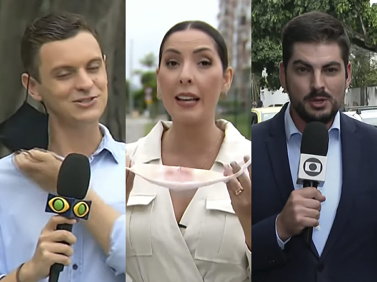 Os repórteres Marcus Sadok (Band), Priscila Tovic (Record) e Guilherme Peixoto (Globo) aparecem sem máscara no Rio de Janeiro