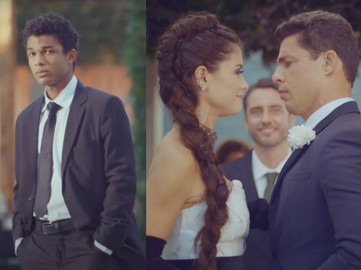Ravi (Juan Paiva) observa o casamento de Christian (Cauã Reymond) com Bárbara (Alinne Moraes) em Um Lugar do Sol (Reprodução/Globo)