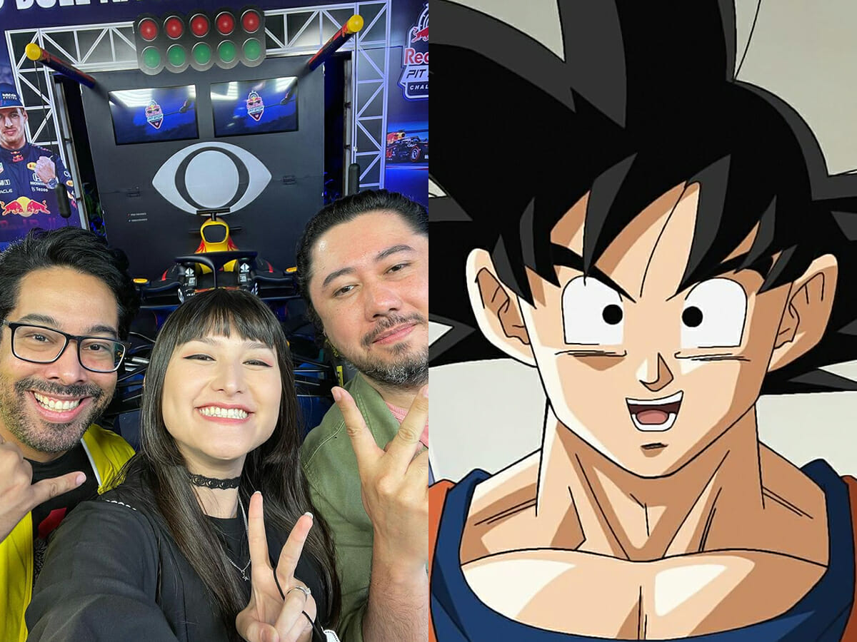 Clayton Ferreira, Thais Matsufugi e Jeff Kayo, apresentadores do Mais Geek; à direita, Goku em Dragon Ball Super