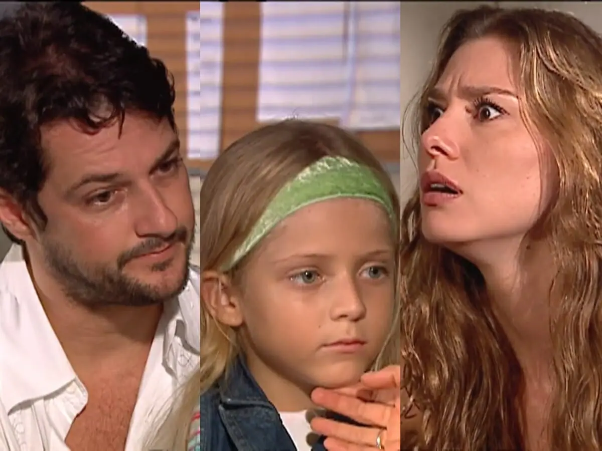 Daniel (Marcelo Serrado), Nininha (Júlia Maggessi) e Clarice (Lavínia Vlasak) de Prova de Amor
