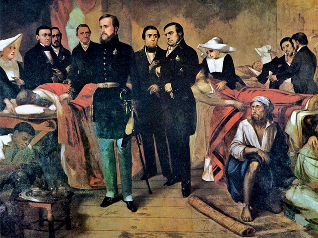 Pintura de François-René Moreau mostra dom Pedro II visitando doentes de cólera em hospital no Rio de Janeiro