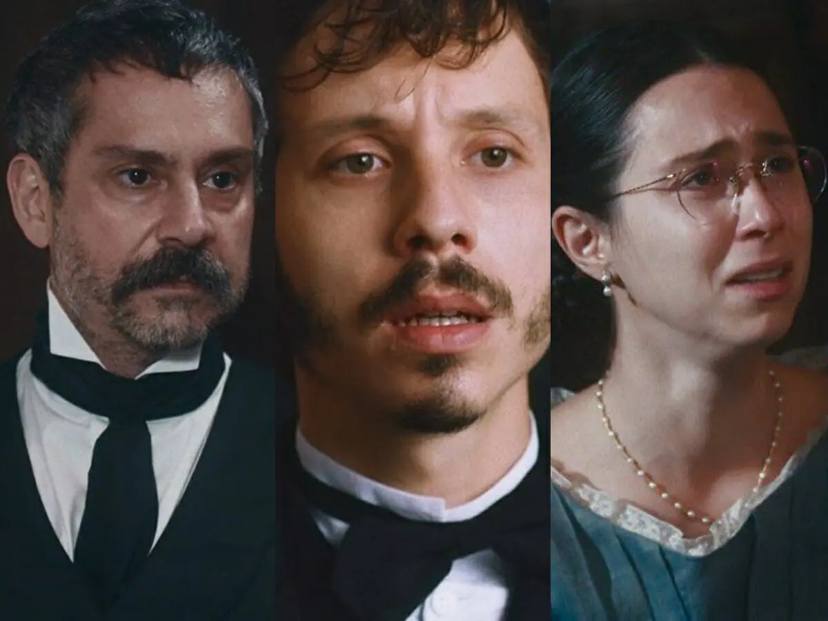 Tonico (Alexandre Nero), Nélio (João Pedro Zappa) e Dolores (Daphne Bozaski) de Nos Tempos do Imperador