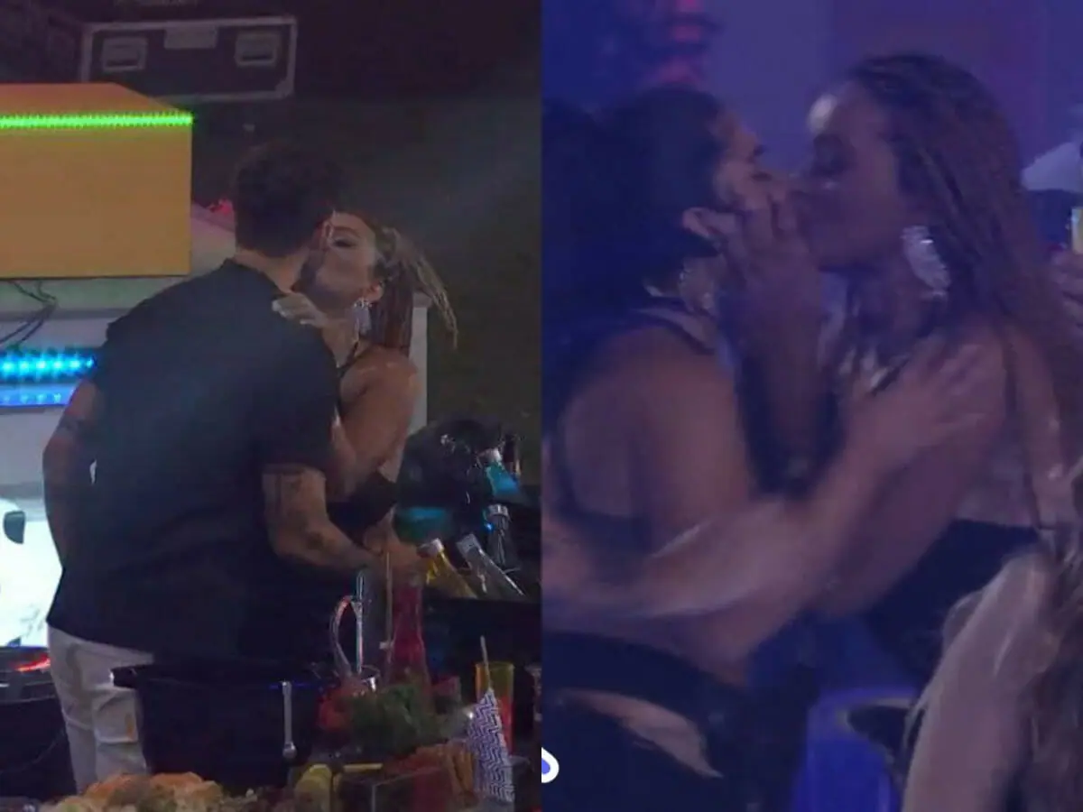 Natália beija Rodrigo e Maria na primeira festa do BBB 22