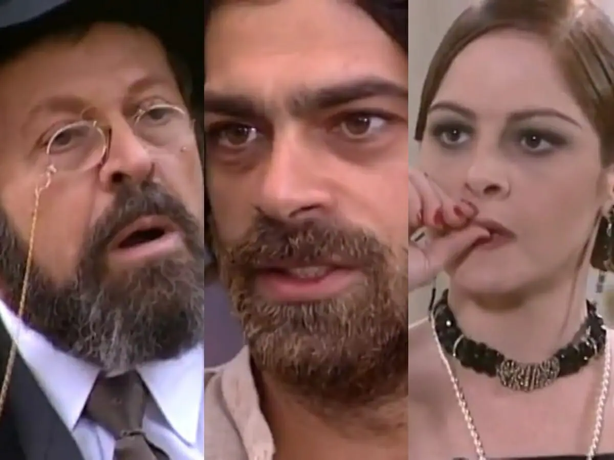 Joaquim (Carlos Vereza), Petruchio (Eduardo Moscovis) e Marcela (Drica Moraes) de O Cravo e a Rosa