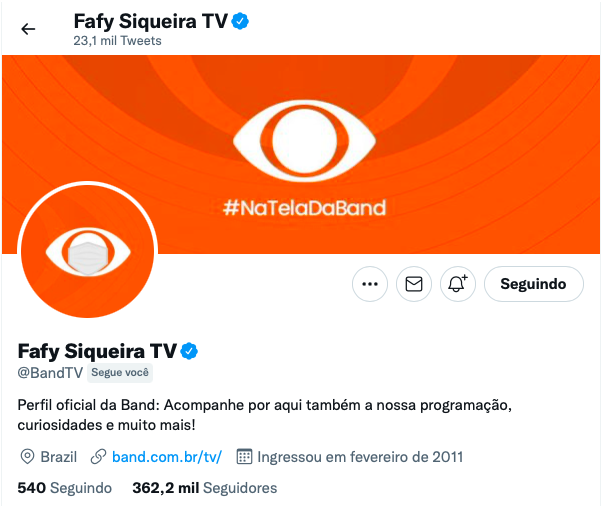 Perfil da Band no Twitter vira Fafy Siqueira TV