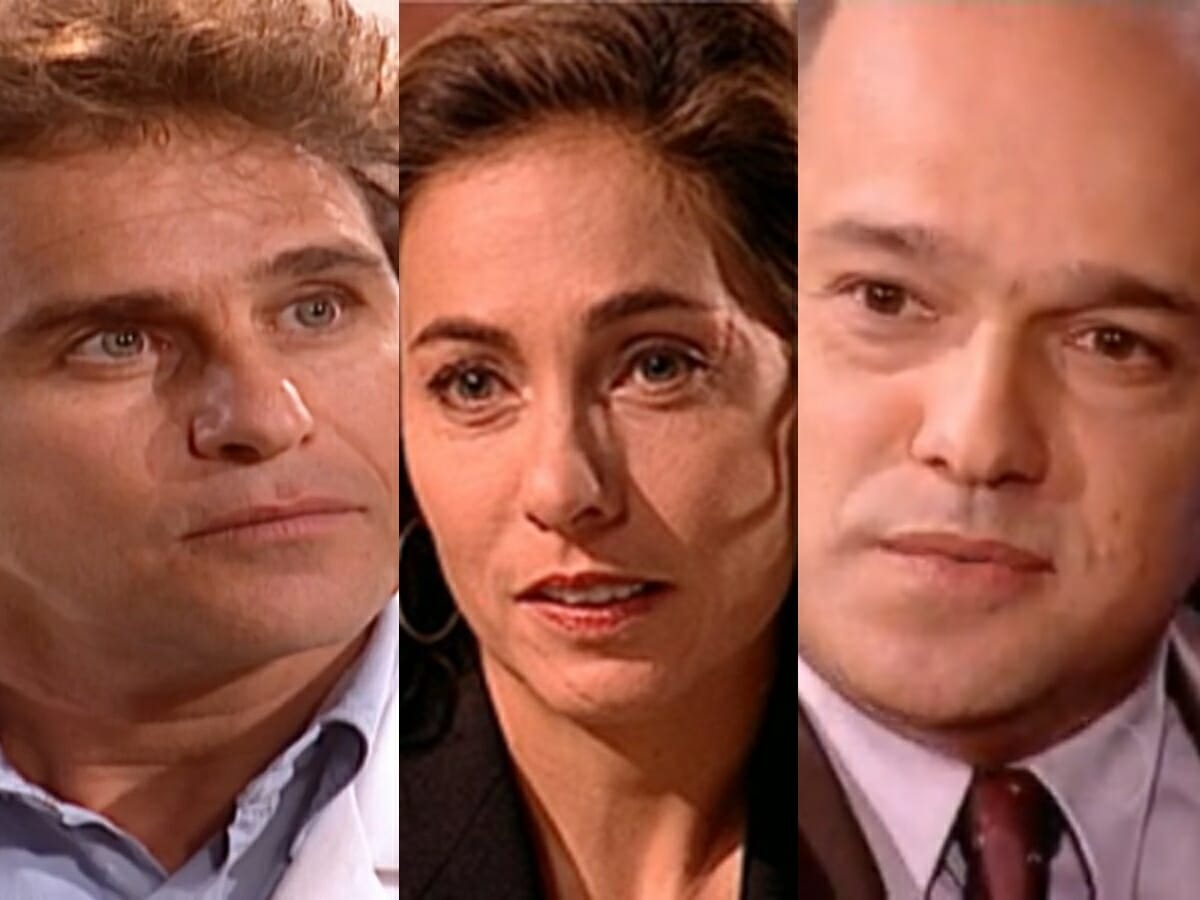 Escobar (Marcos Frota), Clarice (Cissa Guimarães) e Roger (Jayme Periard) de O Clone