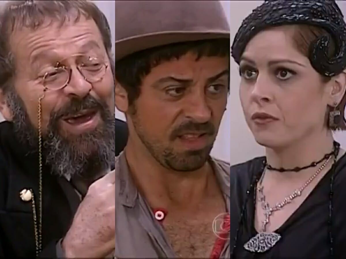Joaquim (Carlos Vereza), Januário (Taumaturgo Ferreira) e Marcela (Drica Moraes) de O Cravo e a Rosa