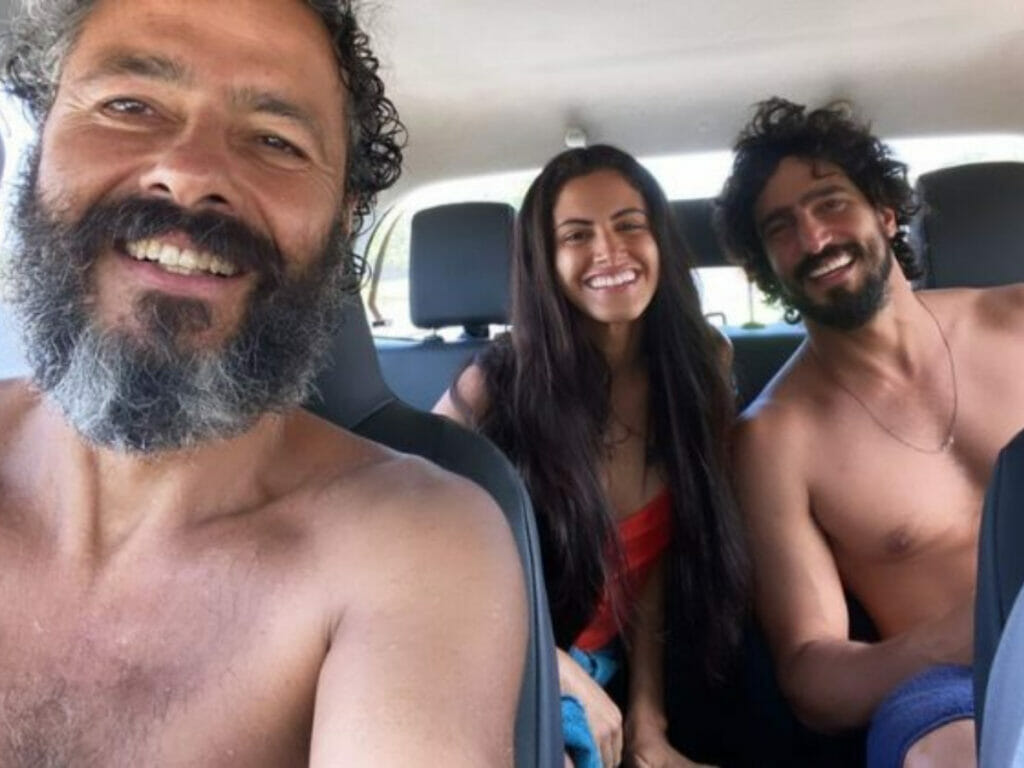 Marcos Palmeira, Letícia Salles e Renato Góes nos bastidores de Pantanal