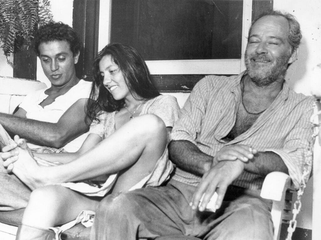 Paulo Gorgulho, Cássia Kis (Maria Marruá) e Cláudio Marzo nos bastidores da versão antiga de Pantanal