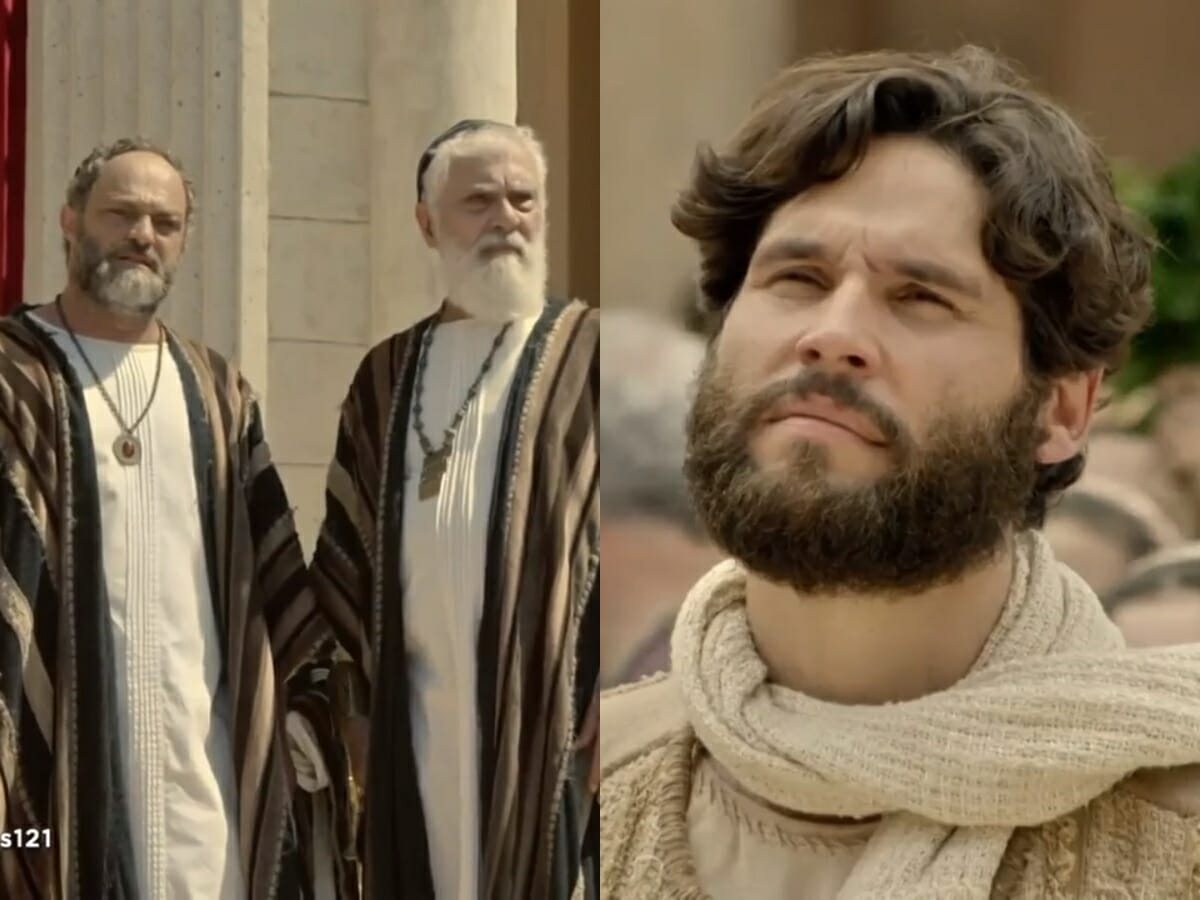 Caifás (Eucir de Souza), Anás (Paulo Figueiredo) e Jesus (Dudu Azevedo) de Jesus