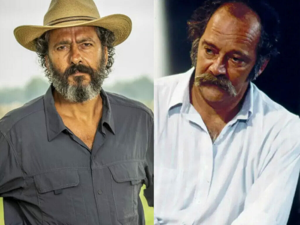 Em Pantanal, Marcos Palmeira e Cláudio Marzo como José Leôncio em 2022 e 1990 respectivamente