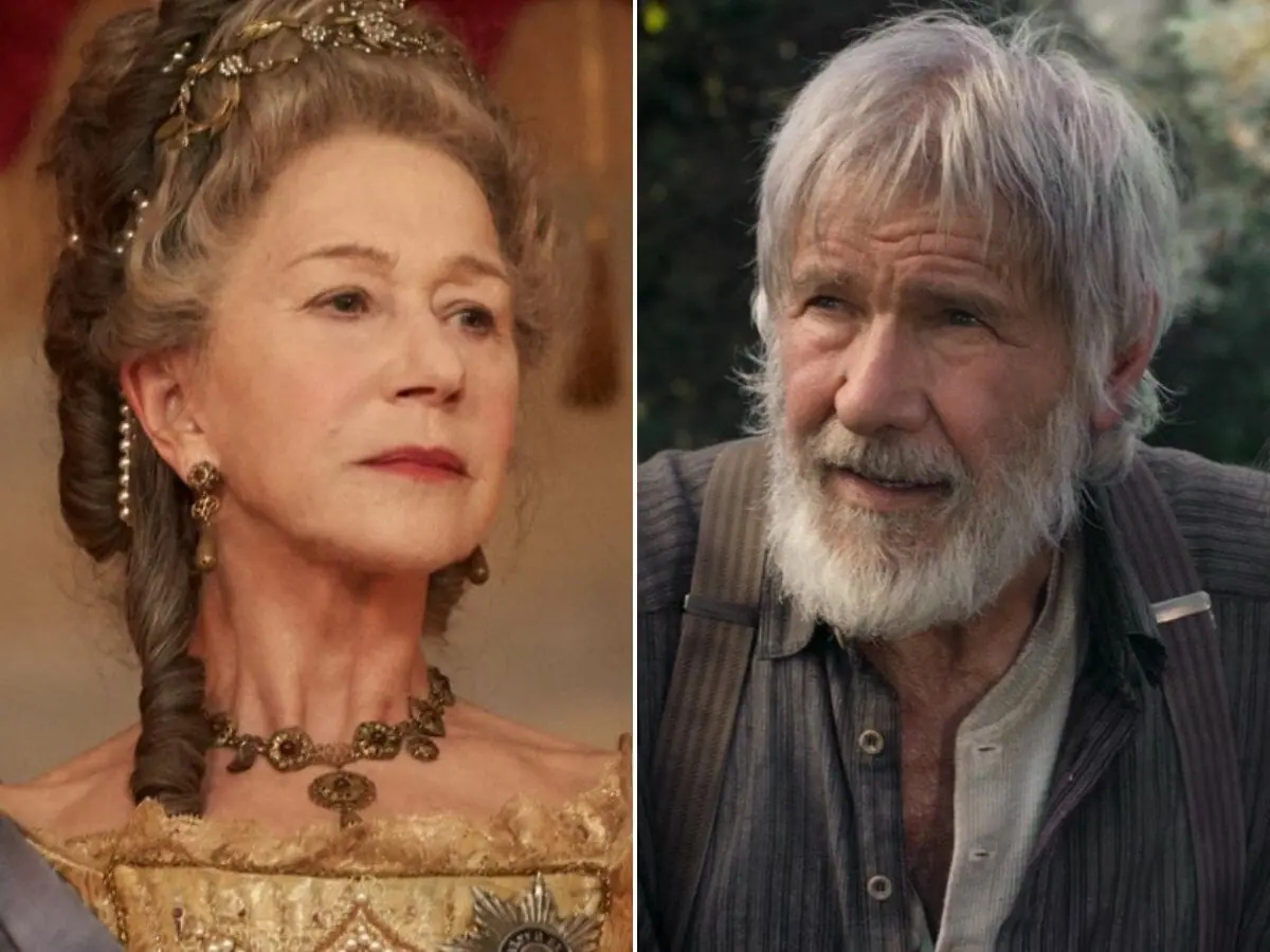Helen Mirren em Catherine the Great (à esq.); Harrison Ford em O Chamado da Floresta