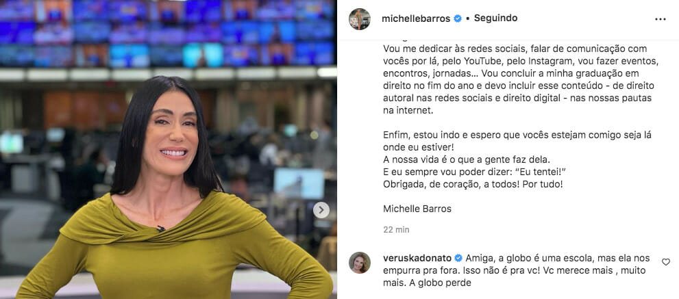 Michelle Barros recebe apoio de Veruska Donato ao se demitir da Globo