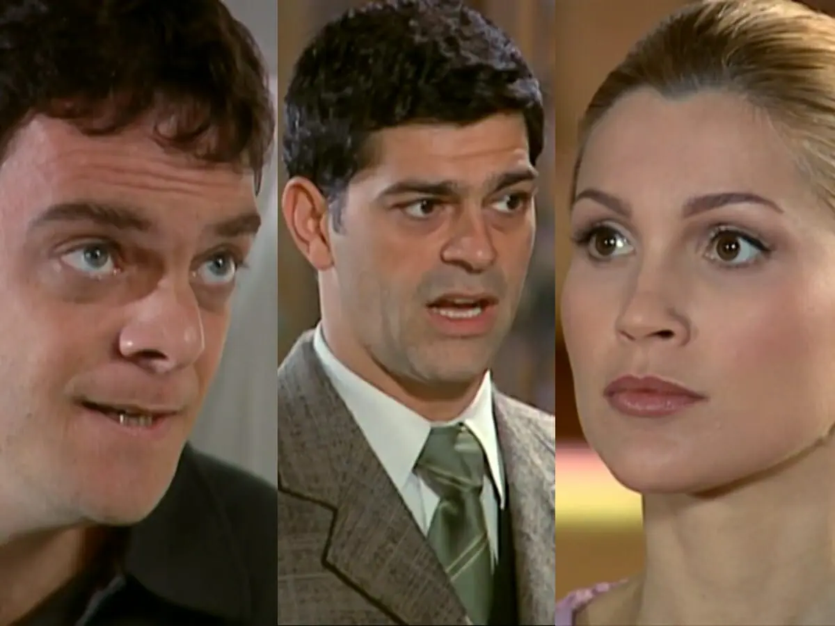 Ciro (Michel Bercovitch), Rafael (Eduardo Moscovis) e Cristina (Flávia Alessandra) de Alma Gêmea