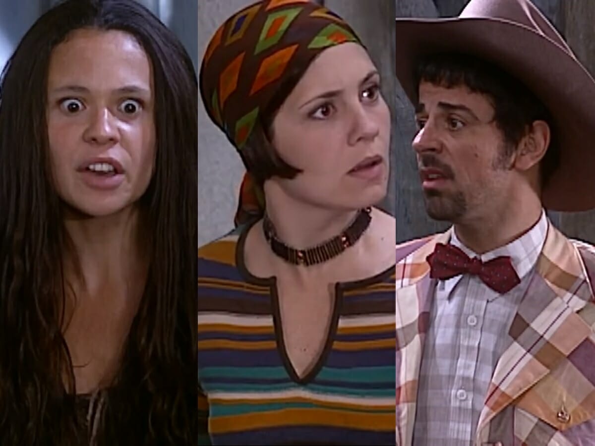 Lindinha (Vanessa Gerbelli), Catarina (Adriana Esteves) e Januário (Taumaturgo Ferreira) de O Cravo e a Rosa