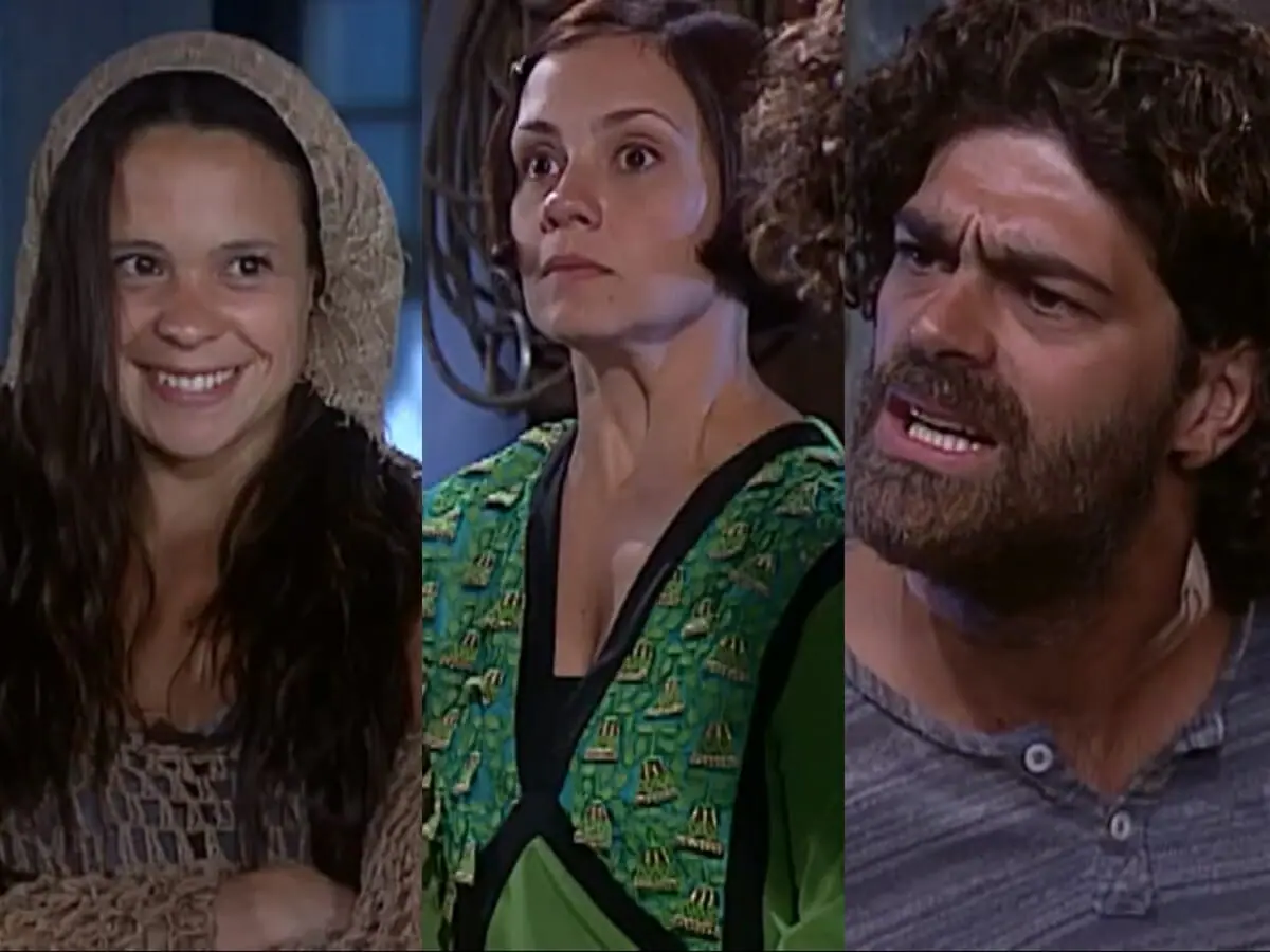 Lindinha (Vanessa Gerbelli), Catarina (Adriana Esteves) e Petruchio (Eduardo Moscovis) de O Cravo e a Rosa